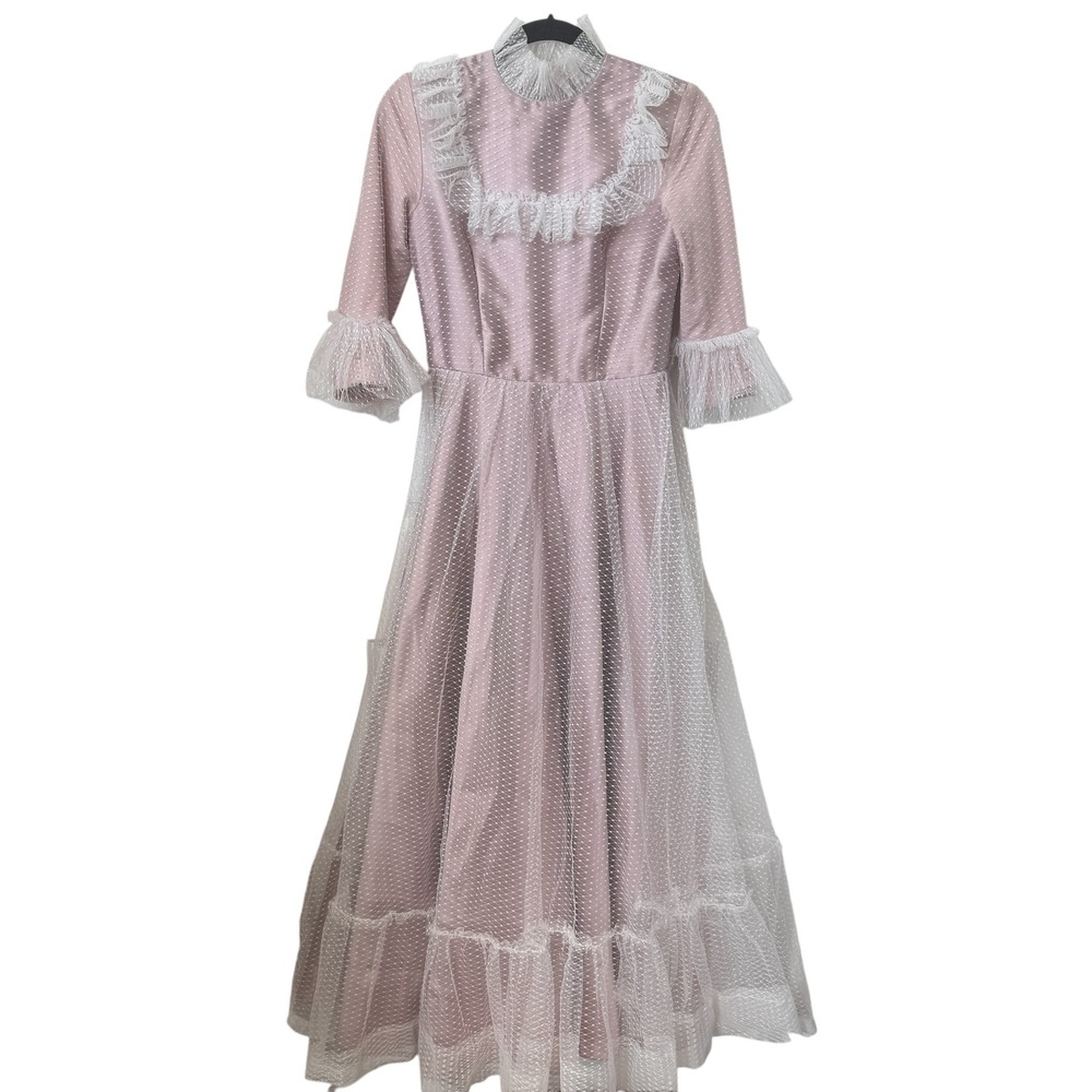 Mauve Pink Satin Point D'esprit Tulle Lace Maxi Dress Size 4